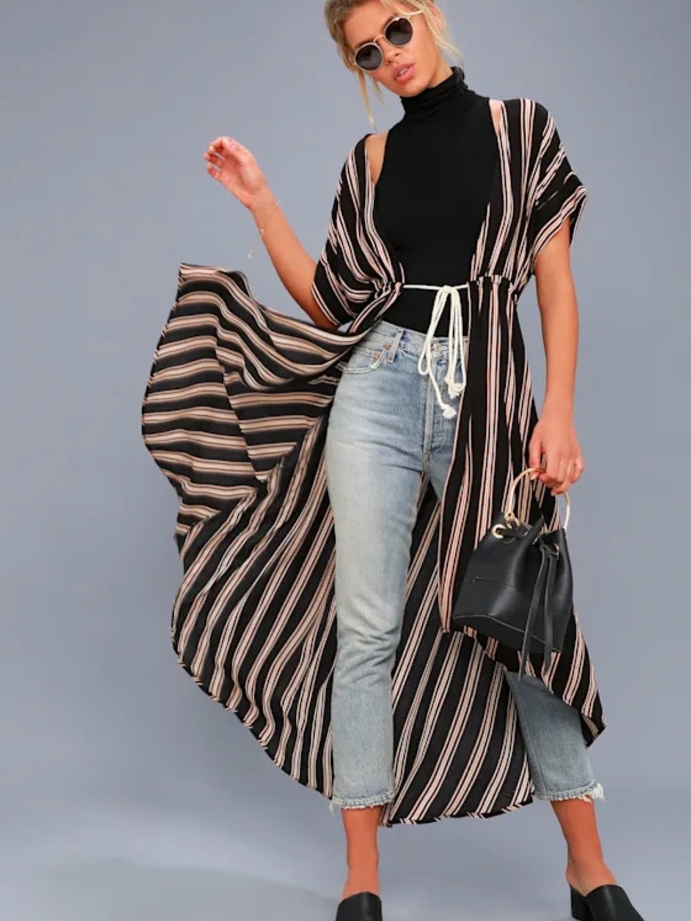 Lulu's Black & Blush Striped Kimono Duster M Vacation Travel Swim Lightweight